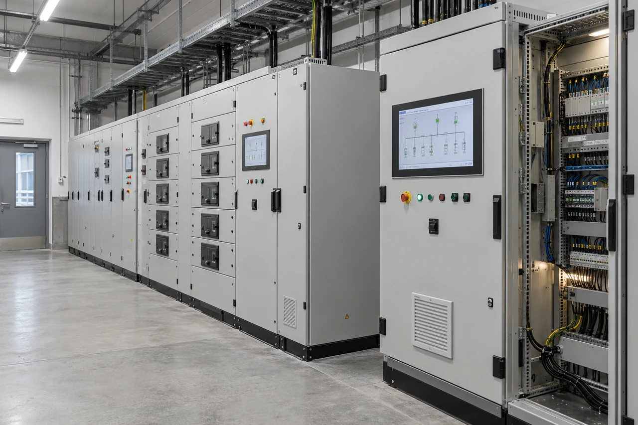 Industrieller Schaltraum mit integrierten Bedienpanels, Schaltanlagen und geordneter Kabelführung