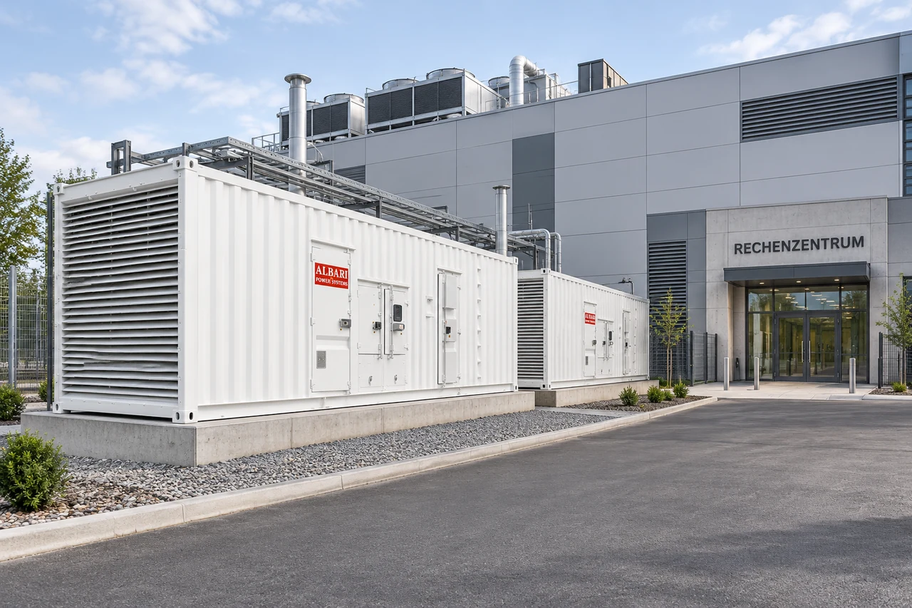 Rechenzentrum mit zwei weißen APS-Container-Aggregaten zur Notstromversorgung