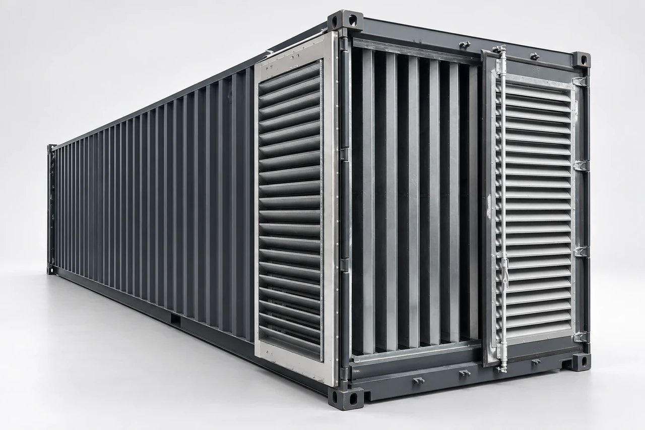 Anthrazitfarbene APS-Container-Netzersatzanlage mit integrierten Lüftungsöffnungen