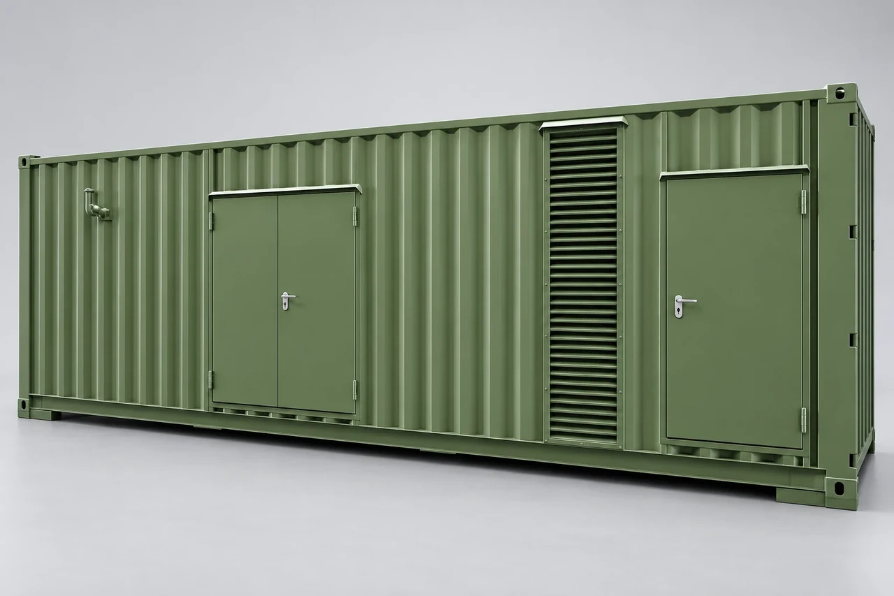 Grüne APS-Containeranlage mit Wartungstüren und seitlicher Lüftungsjalousie