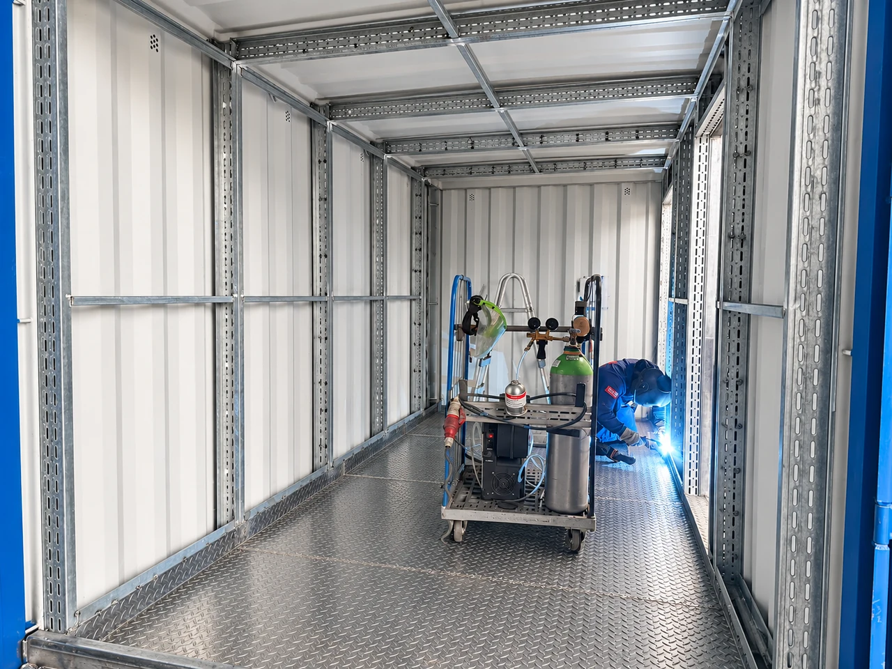 Innenraum eines Containers mit Stahlprofilen und Tränenblechboden