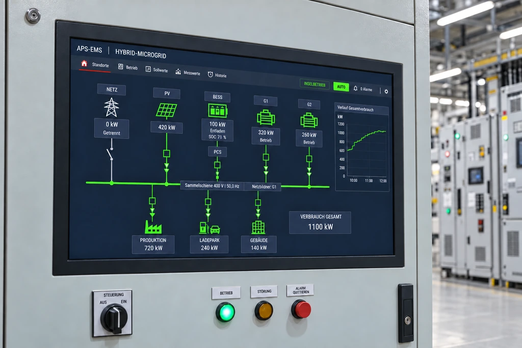 APS-EMS Bedienpanel im industriellen Schaltraum mit Energieflussübersicht